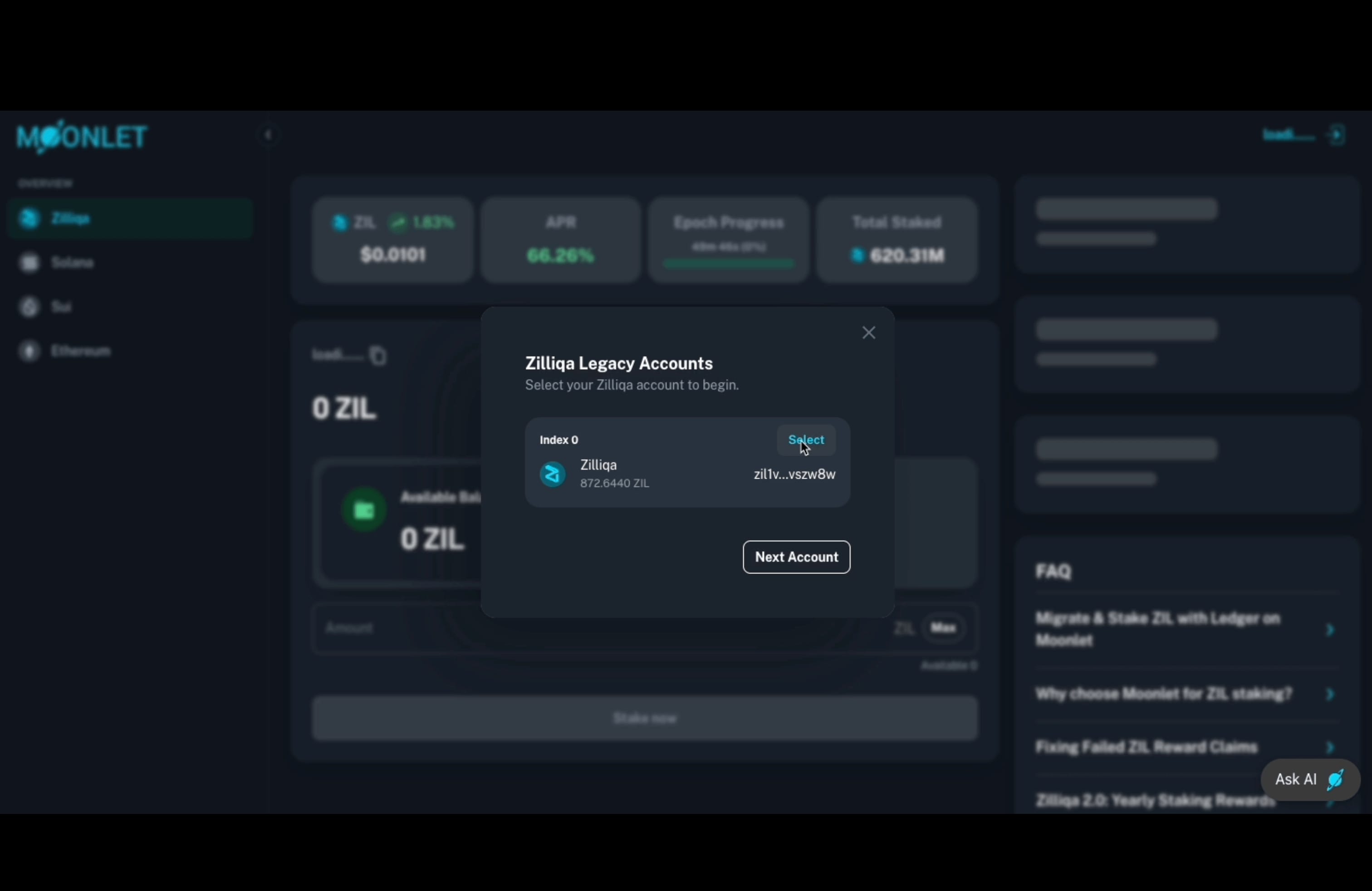Select Zilliqa Legacy Account